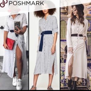 ZARA Pinstripe Collared White with Black Stripes Button up Shirt Midi Dress
